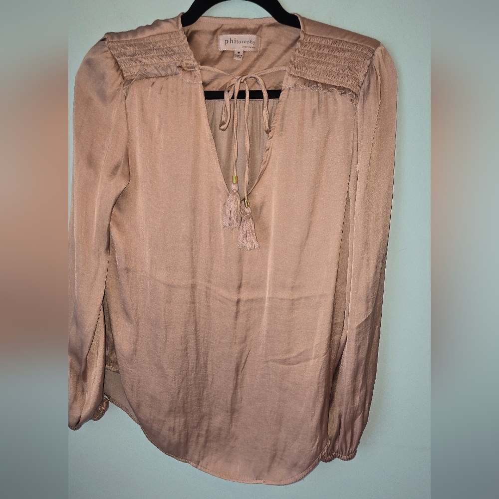 Philosophy Peasant Blouse in Gold Satin V Neck With Tie - Picture 3 of 6